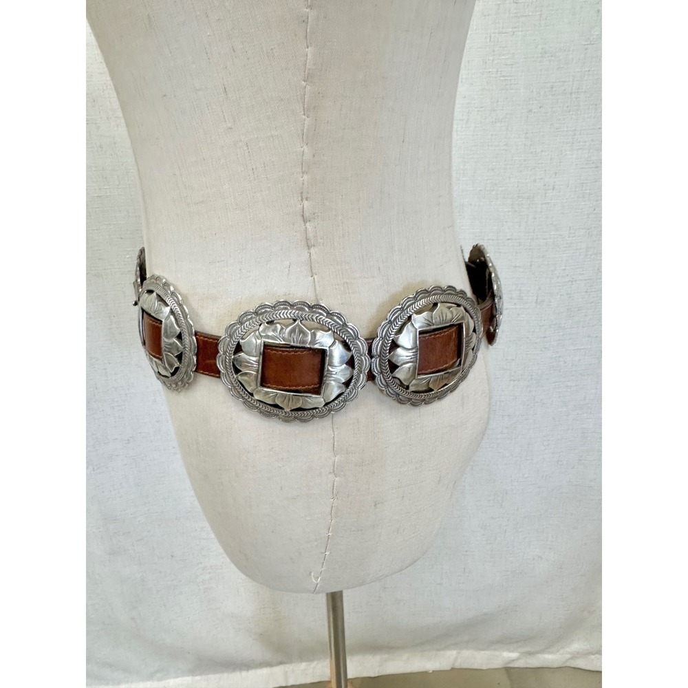 Vintage '93 Brown Leather Sunflower Silver Concho Belt Womens Large Southwestern - Picture 14 of 16